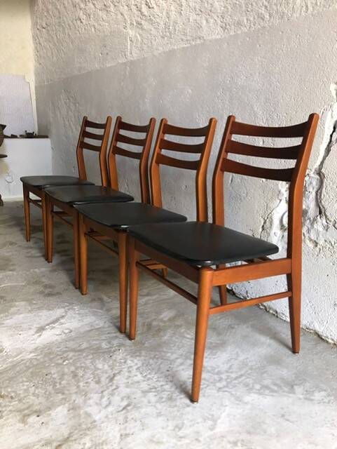 Set of 4 wooden and black imitation leather chairs, Scandinavian chair, wooden chair