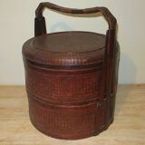 Antique basket in wood and rattan with 3 sections, 1900