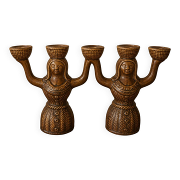 Pair of Saint-Clément candlesticks in glazed ceramic