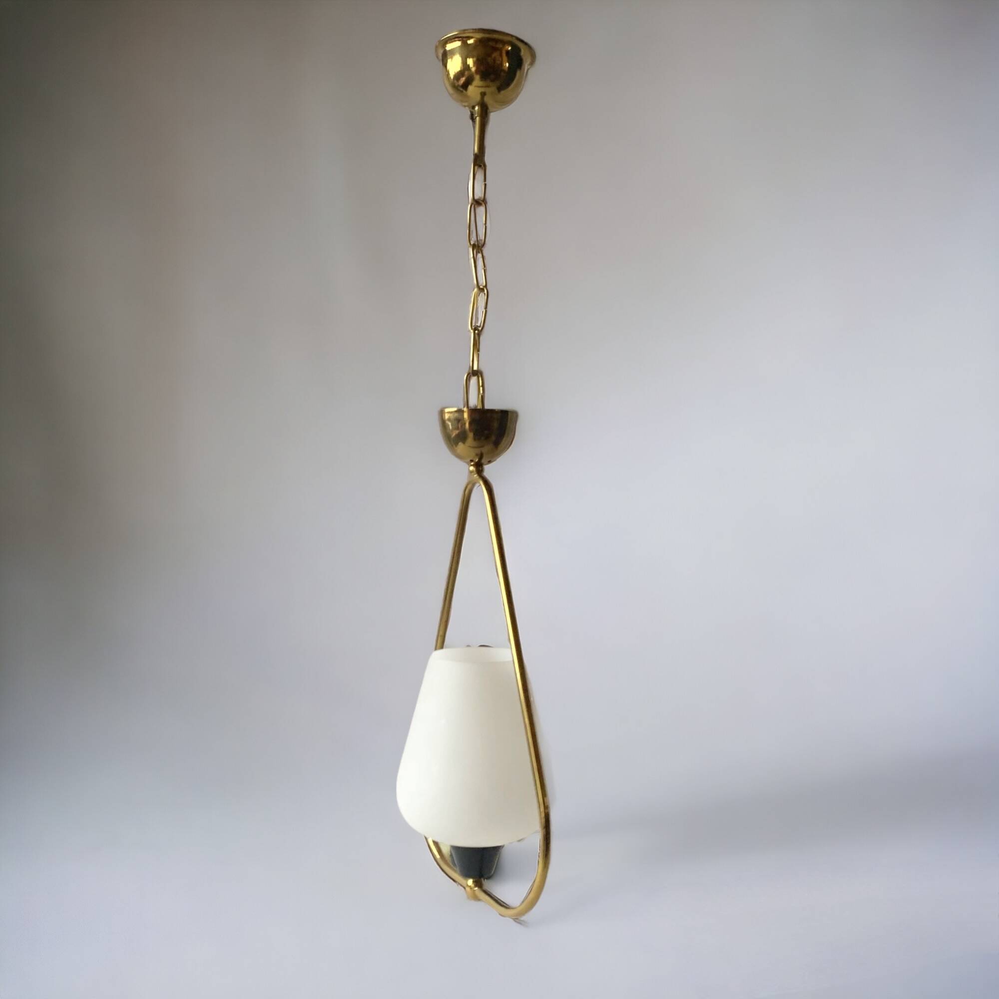 Modernist pendant light in white sandblasted glass and brass