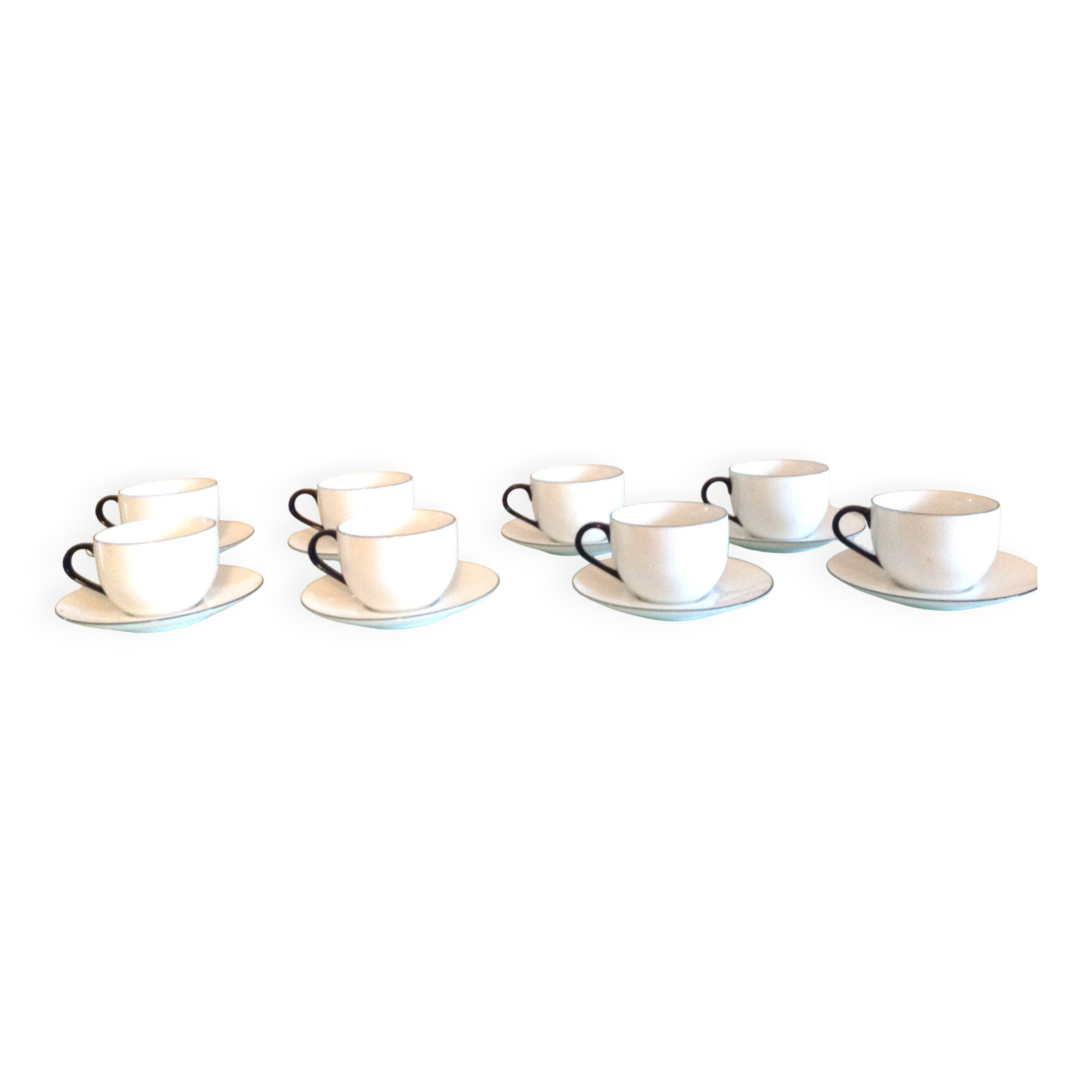 Set of eight white porcelain cups with blue edging / vintage 70s-80s