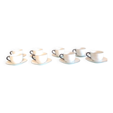Set of eight white porcelain cups with blue edging / vintage 70s-80s