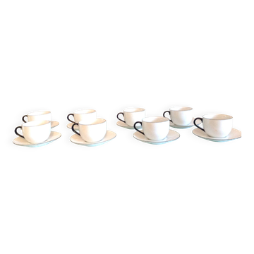 Set of eight white porcelain cups with blue edging / vintage 70s-80s