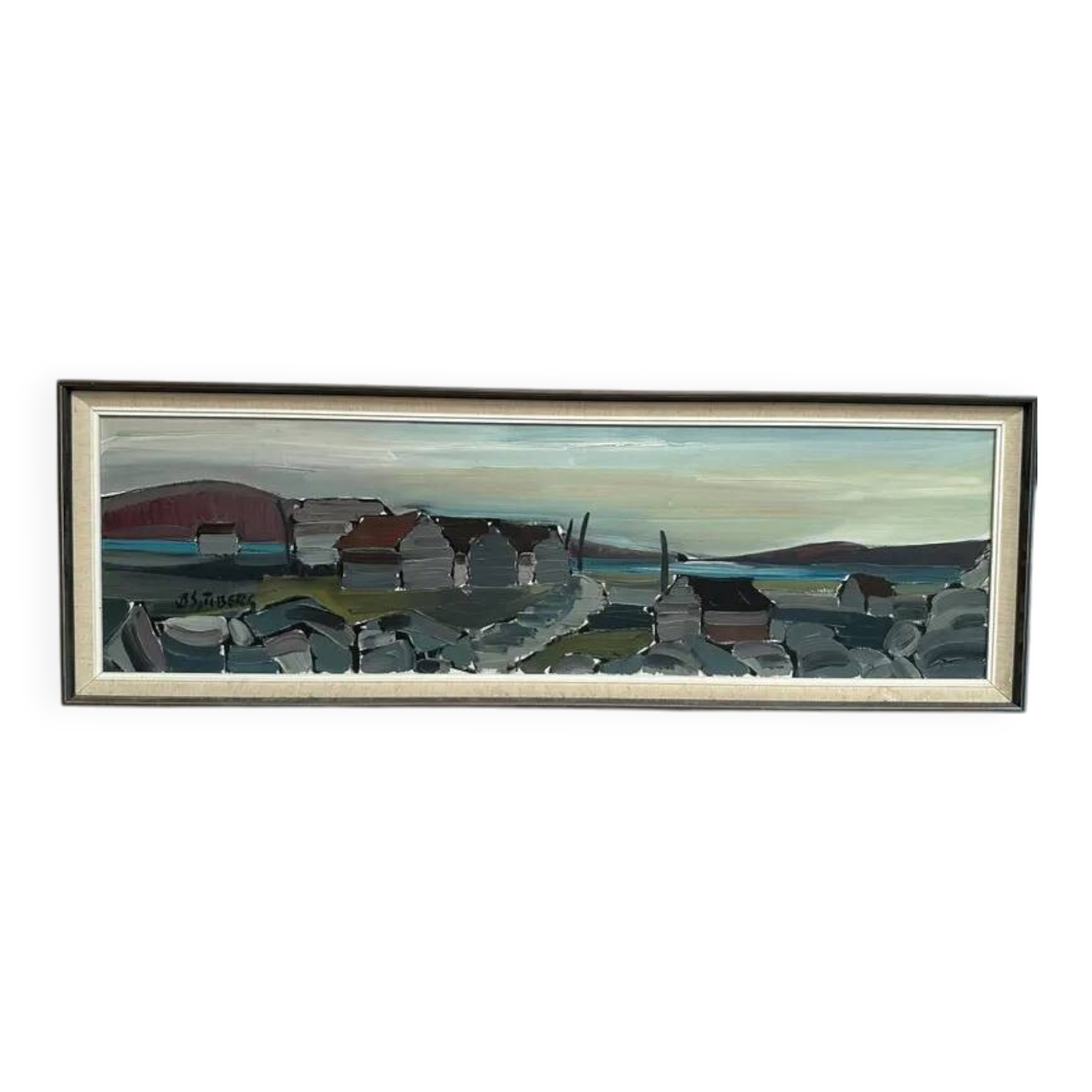 XL Original Swedish Oil on Canvas “Coastal Village” by Bo Sjöberg –Signed