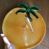 Old lemon-shaped cheese dish, vintage yellow ceramic brass handle 70s