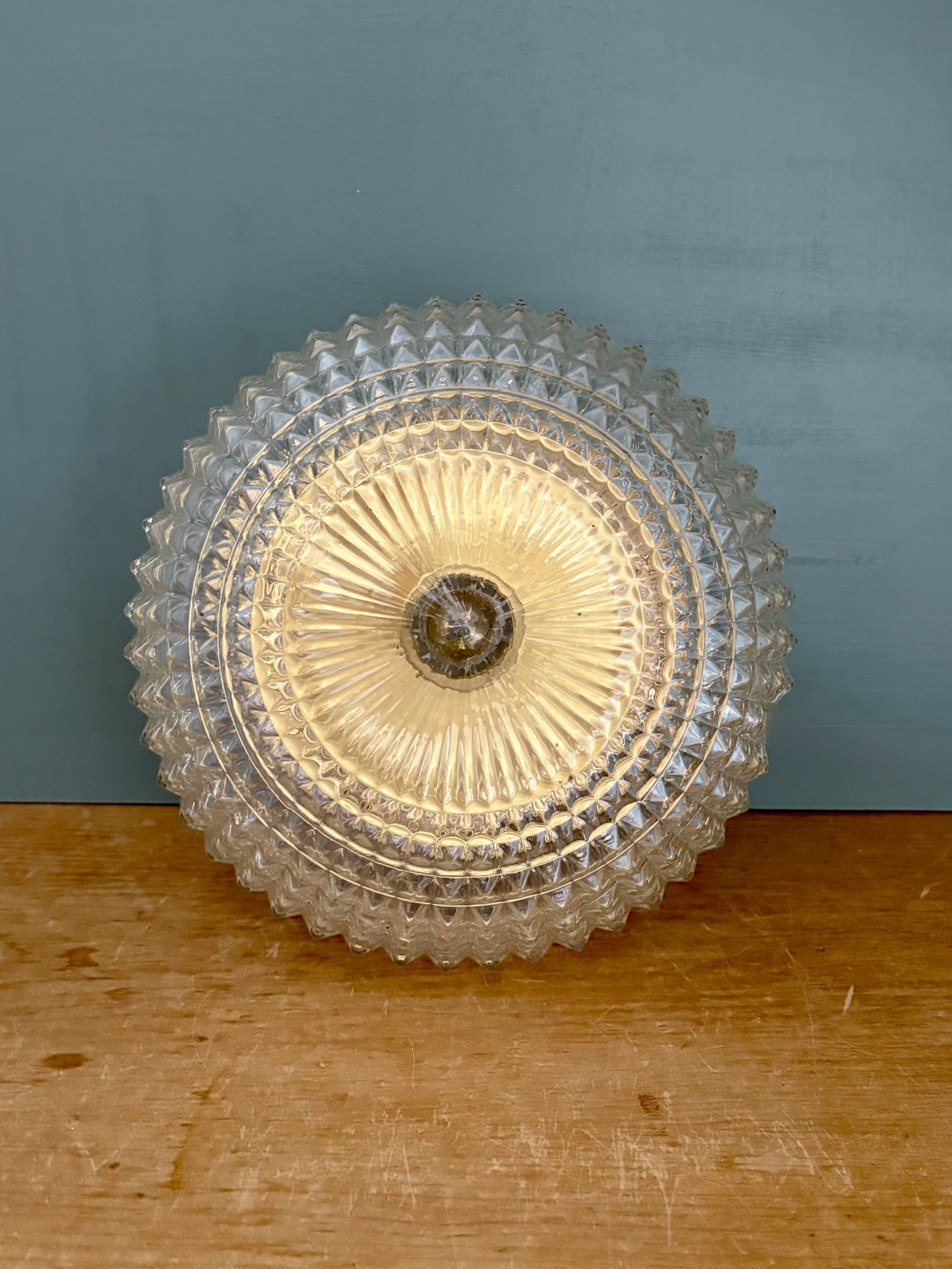 Vintage globe wall or ceiling light in molded diamond-point glass