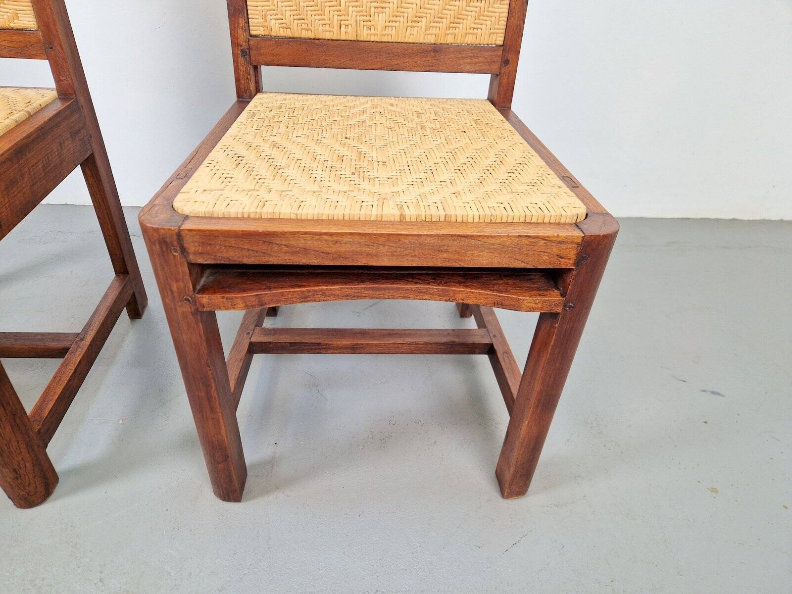 Dutch Art Deco Haagse School Oak and Rattan Webbing Chairs, 1930s, Set of 2