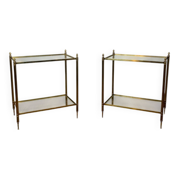 Paire de Bouts de Canapé à Deux Plateaux en Laiton et Verre. Travail França