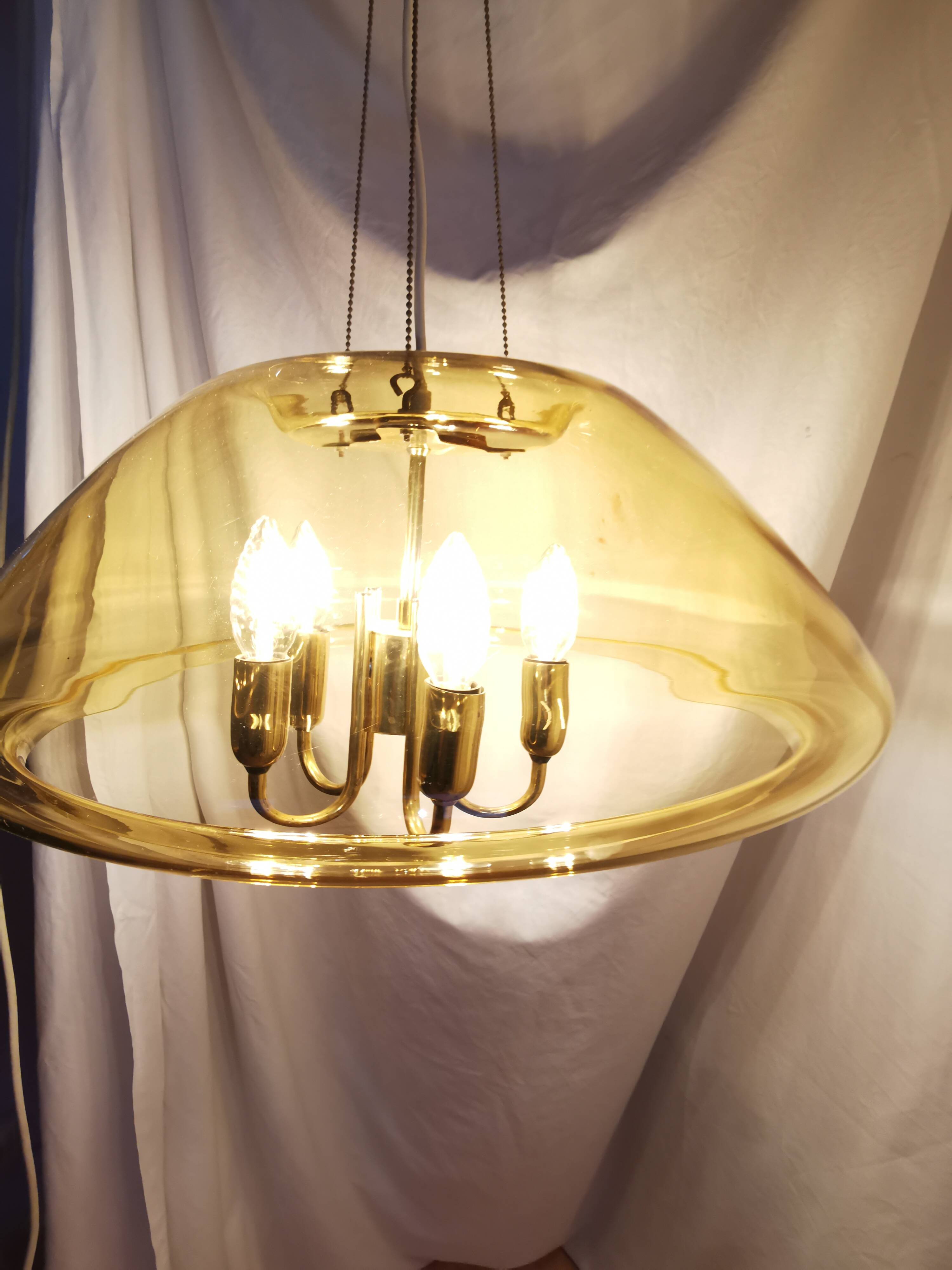 Large chandelier in brass and smoked glass, six branches, space age, baroque, Italy, 1970.