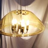 Large chandelier in brass and smoked glass, six branches, space age, baroque, Italy, 1970.