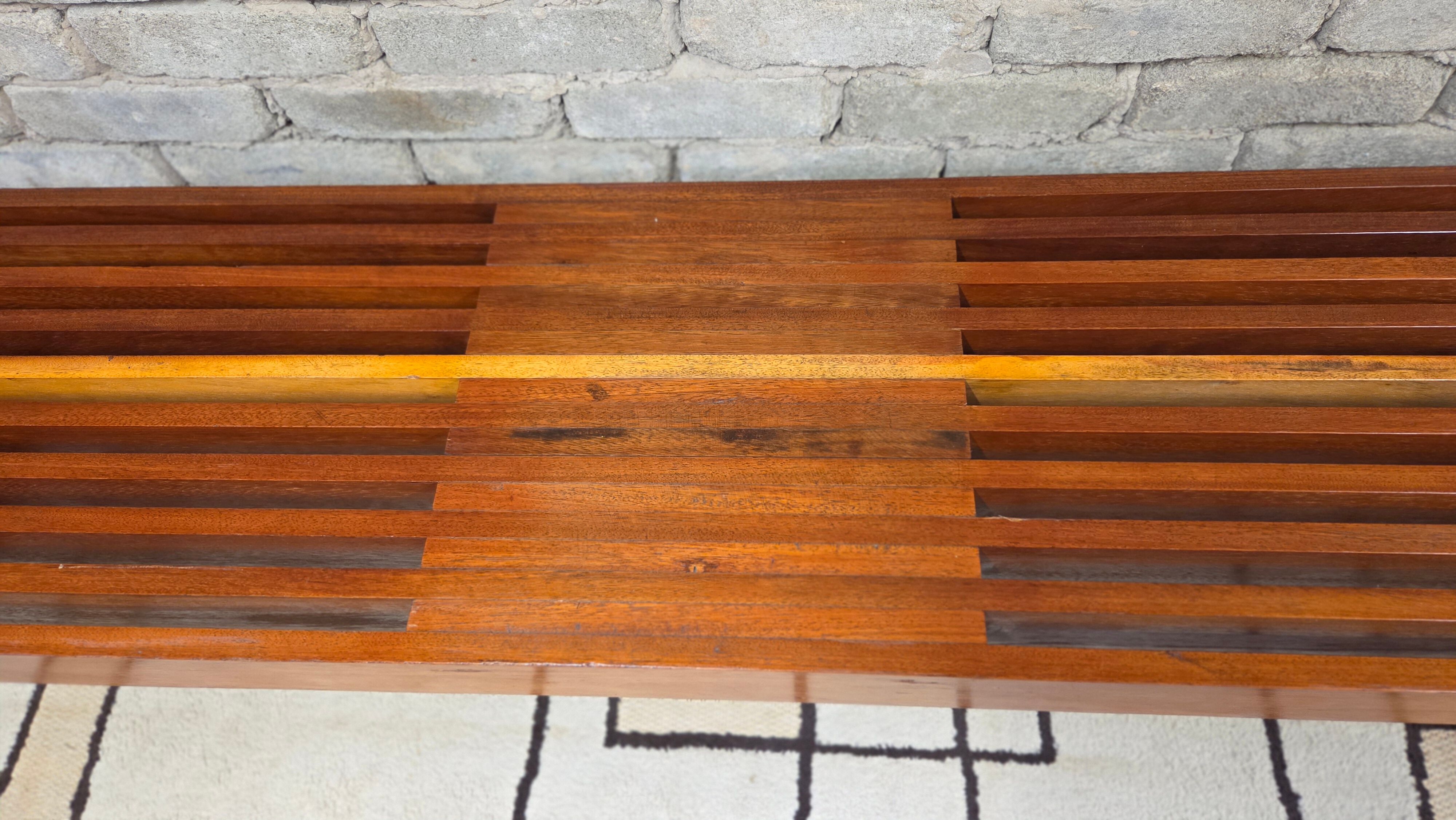 Vintage brutalist bench in solid teak with slats – 1970s