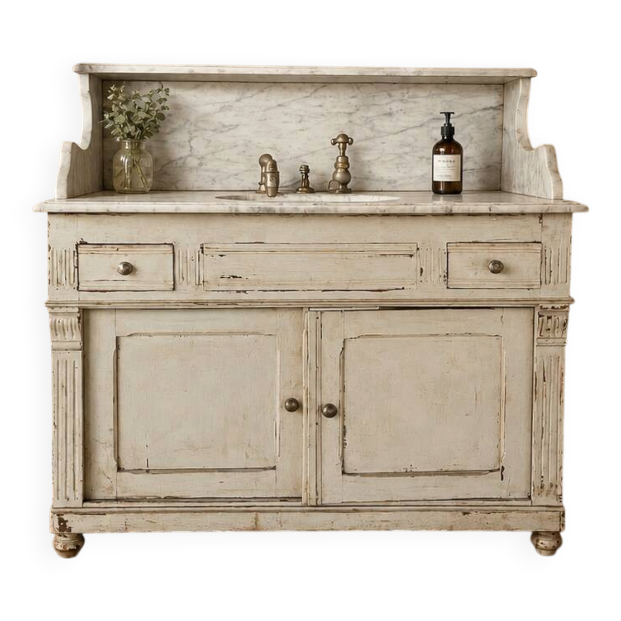 Antique wooden bathroom cabinet with painted finish and white marble.