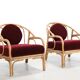 Set of 2 bamboo and rattan armchairs with Bordeaux red mohair upholstery