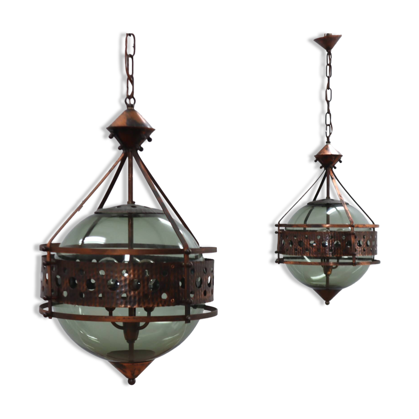 Pair of 1970s Brutalist Copper and Blown Glass Green Bottle Pendant Lamps