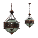 Pair of 1970s Brutalist Copper and Blown Glass Green Bottle Pendant Lamps