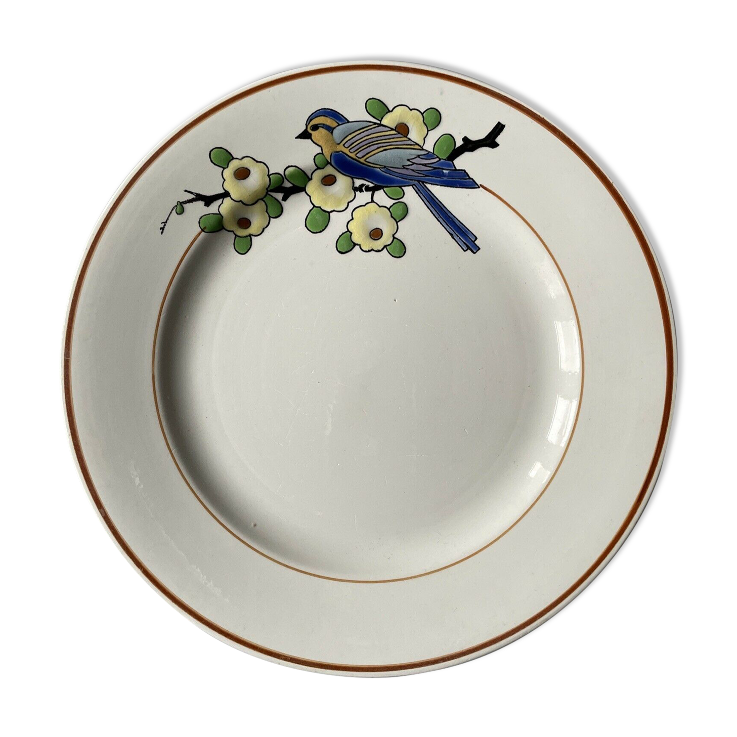 Plate enamels of longwy model bird blue yellow flowers