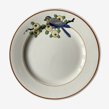 Assiette Émaux de Longwy modèle oiseau mésange bleue fleurs jaunes