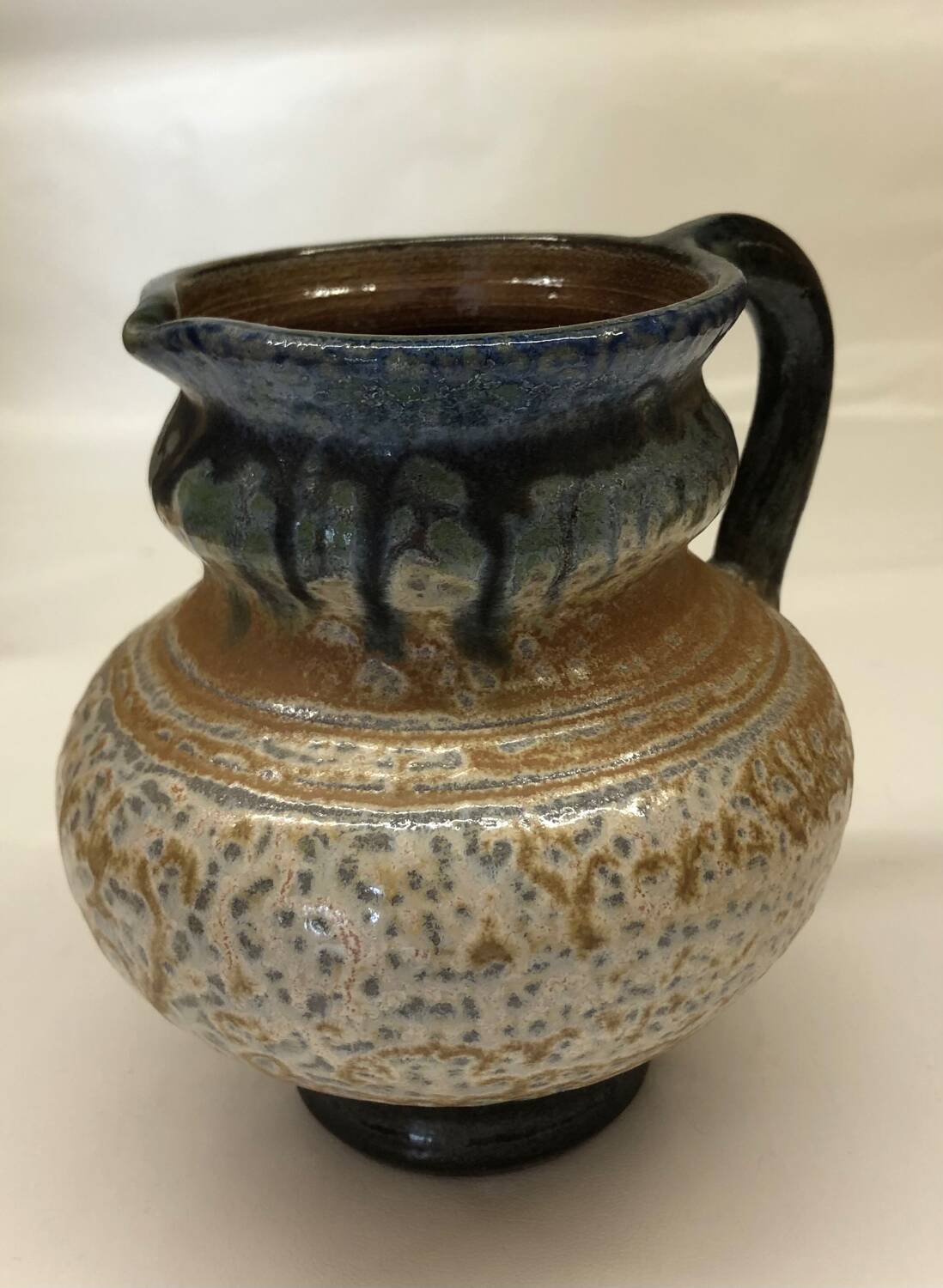 Belgian flamed salt-glazed stoneware pitcher by Pitot