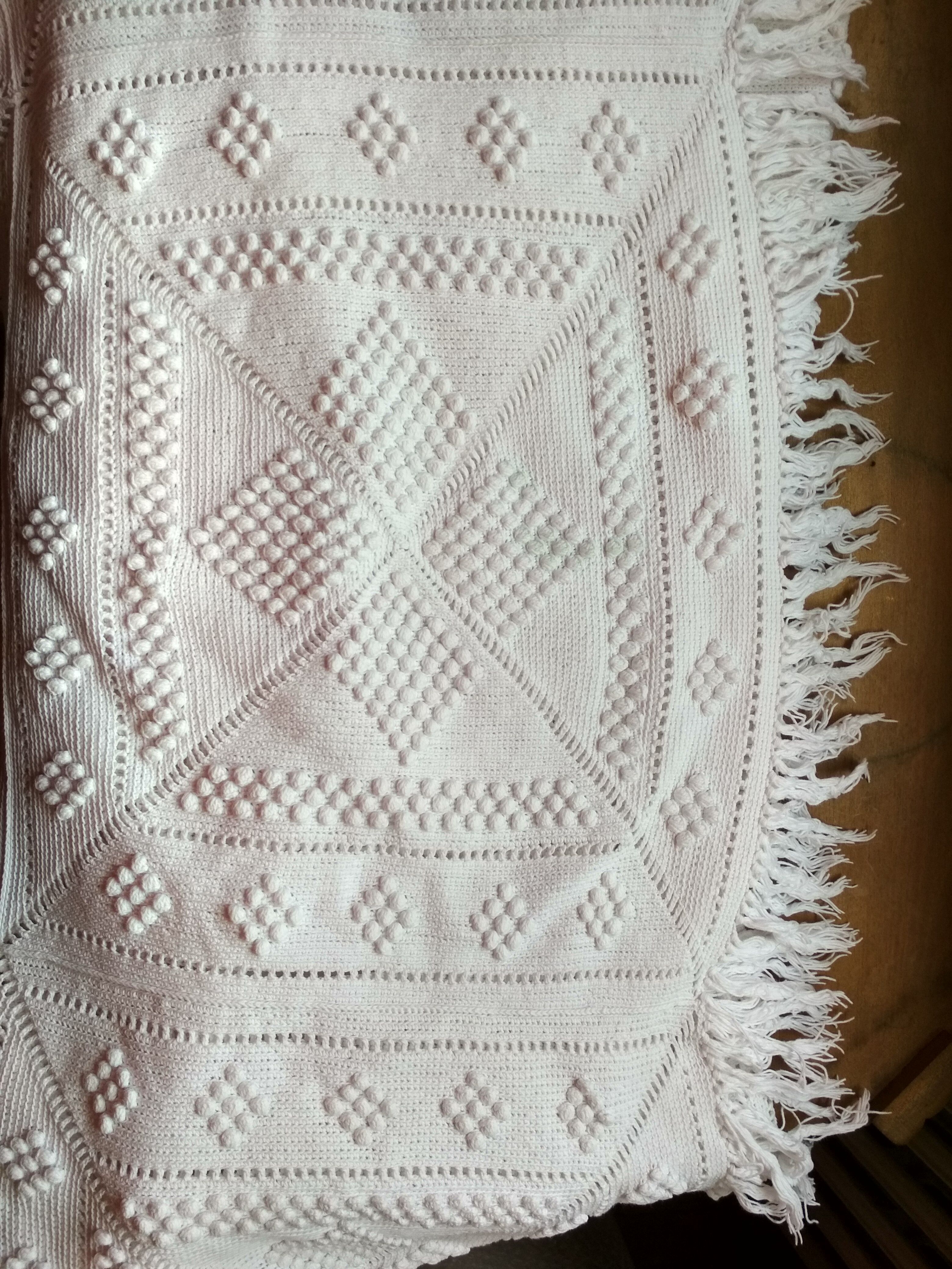 White cotton bed top, old crochet bed throw