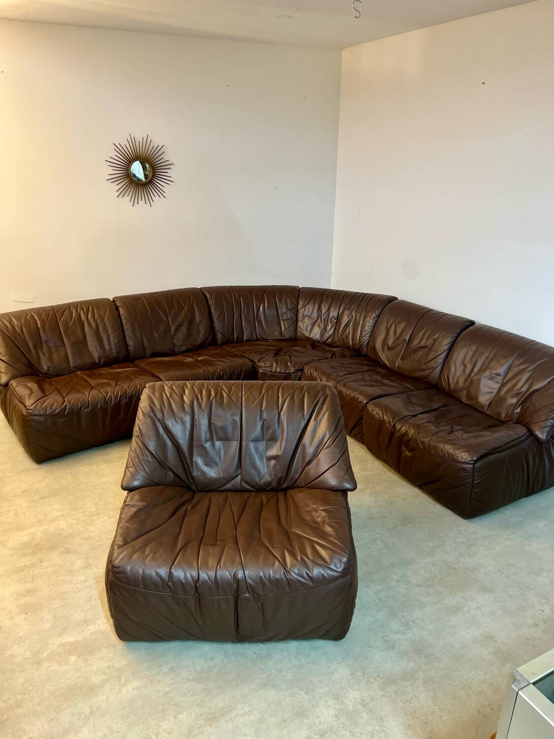 Large modular sofa with brown leather armchair 80s design dreipunkt vintage sofa