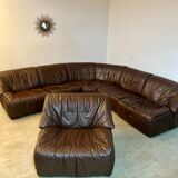 Large modular sofa with brown leather armchair 80s design dreipunkt vintage sofa