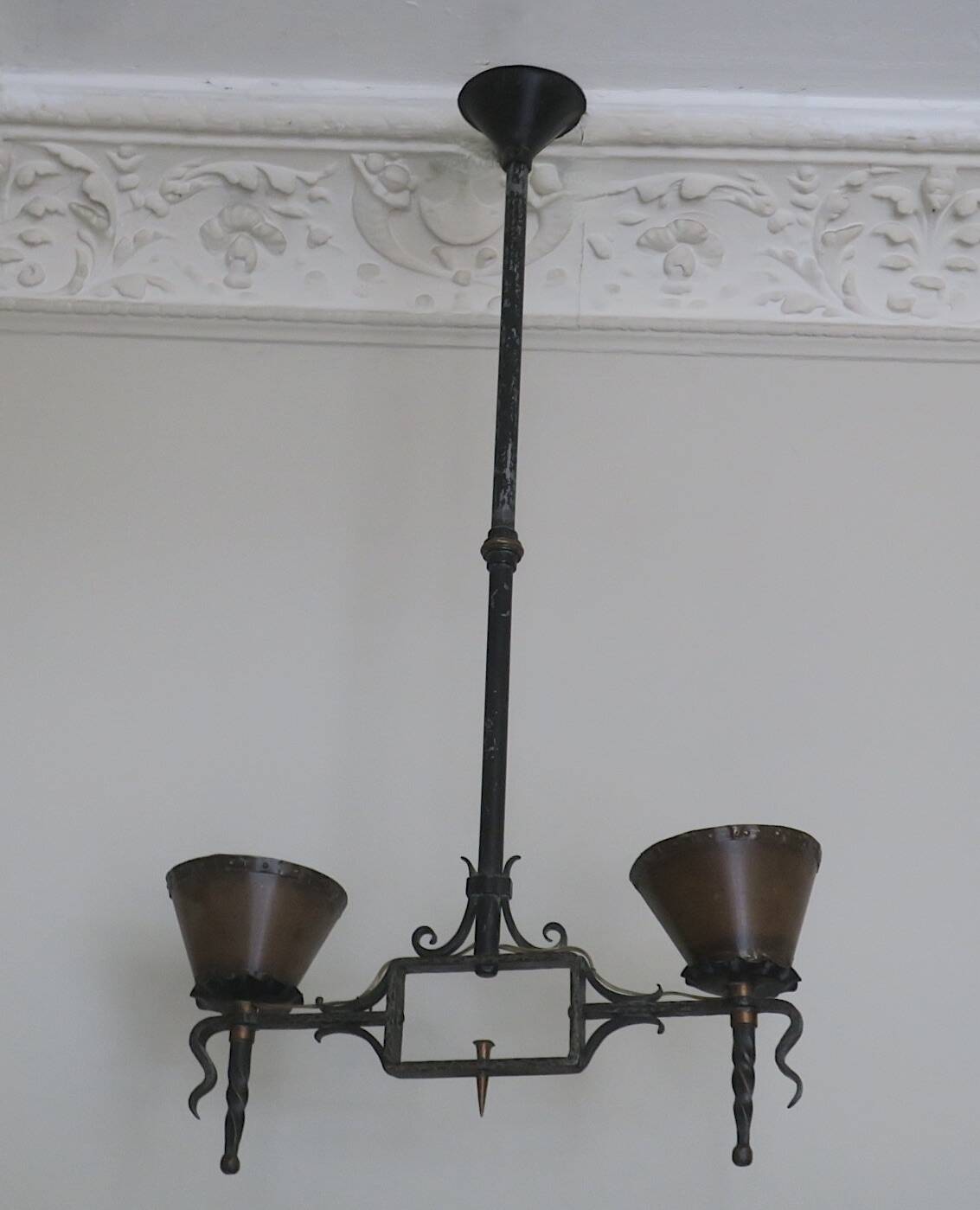 Brutalist wrought iron and copper 2-arm chandelier, 1960s