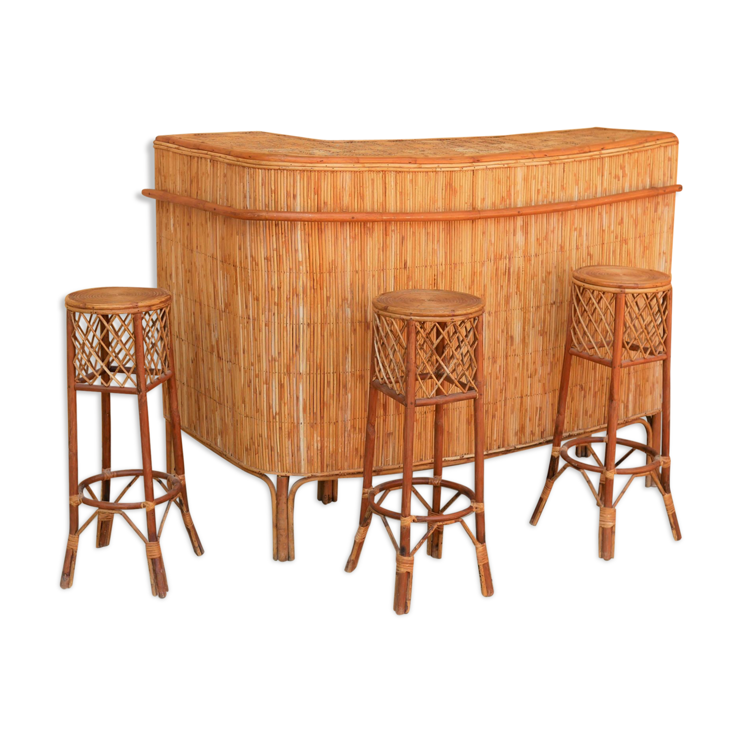 Rattan bar with 3 vintage stools