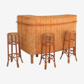 Rattan bar with 3 vintage stools