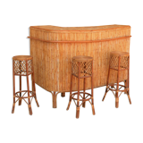 Rattan bar with 3 vintage stools