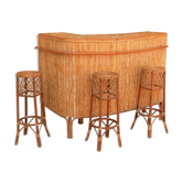 Rattan bar with 3 vintage stools