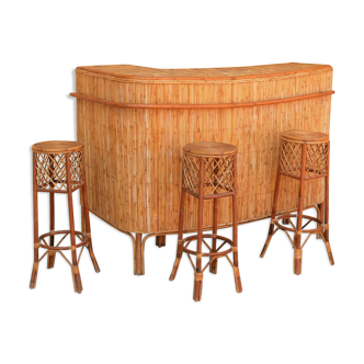 Rattan bar with 3 vintage stools