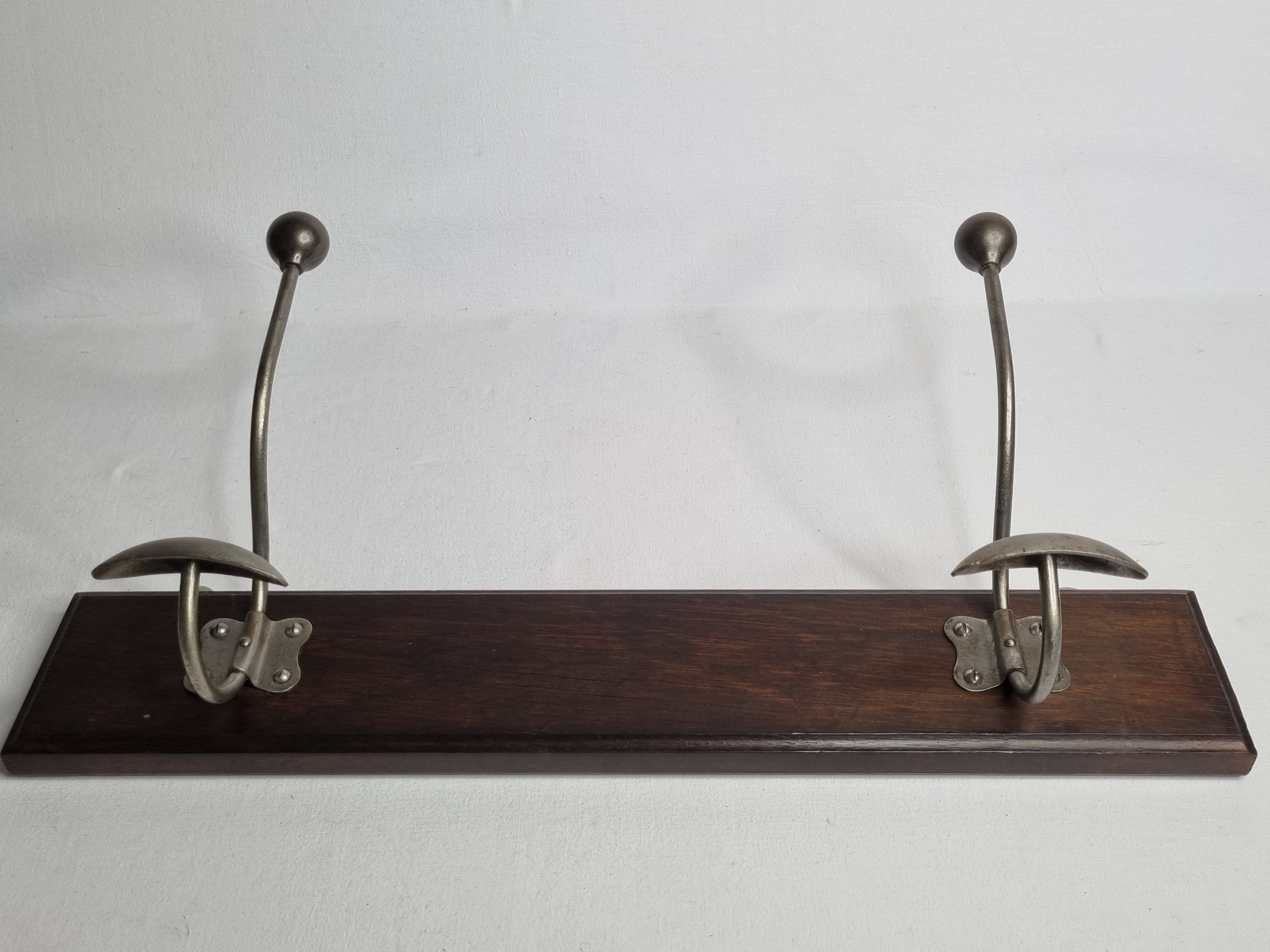 Wall coat rack, two double hooks, steel and wood, 50 cm
