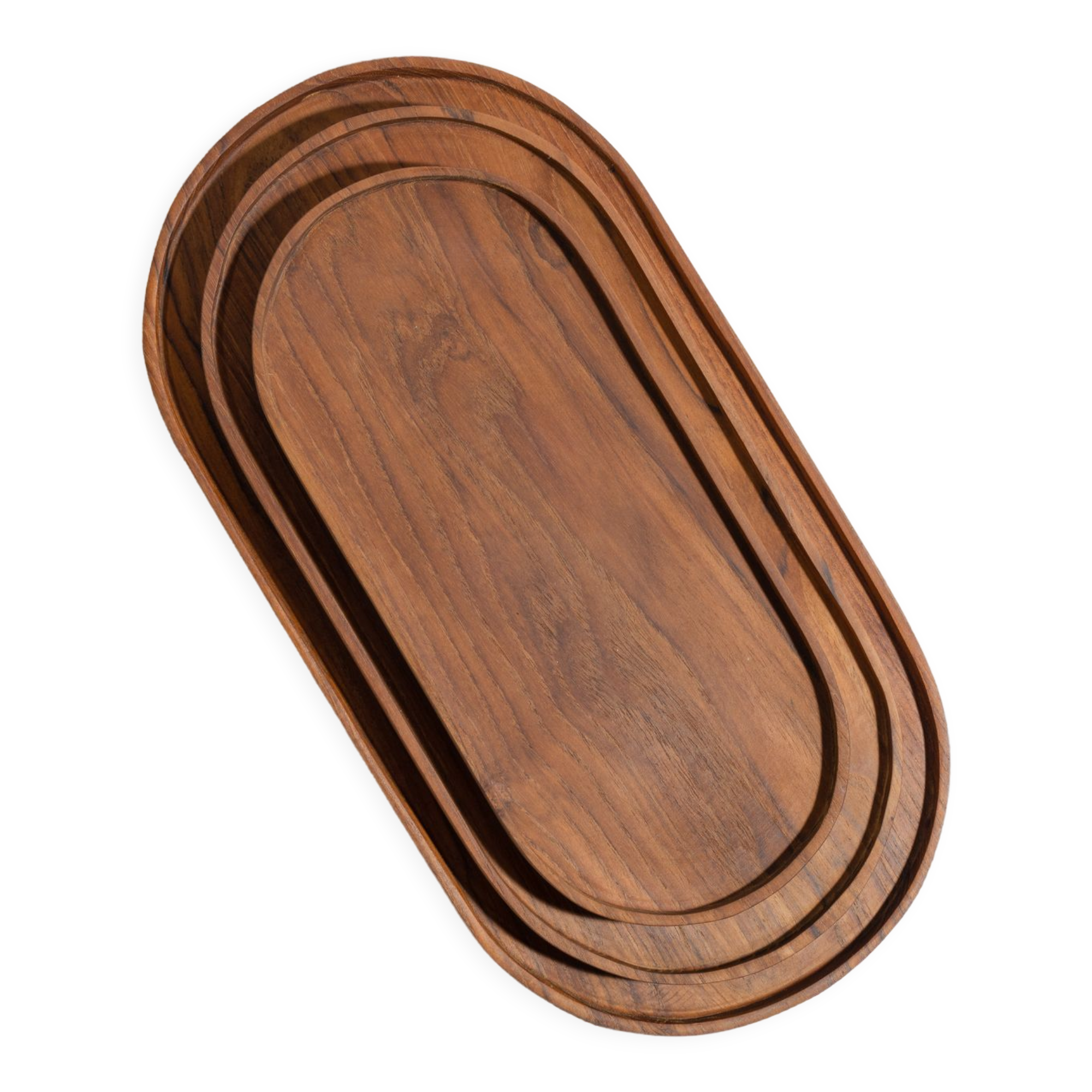 Trio of oval teak trays or cups