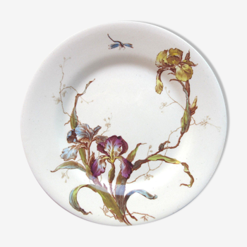 Assiette polychrome art nouveau signée Gien modèle iris et libellule