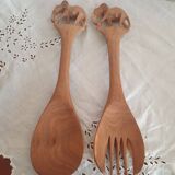 Couverts de service n bois sculpté art populaire vintage