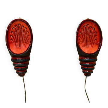 Pair of enamelled terracotta wall lights 1960.