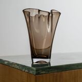 Vintage Murano glass vase from the 1980s, smoky brown, organically wavy shape.