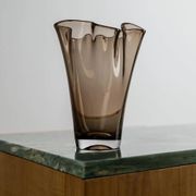 Vintage Murano glass vase from the 1980s, smoky brown, organically wavy shape.