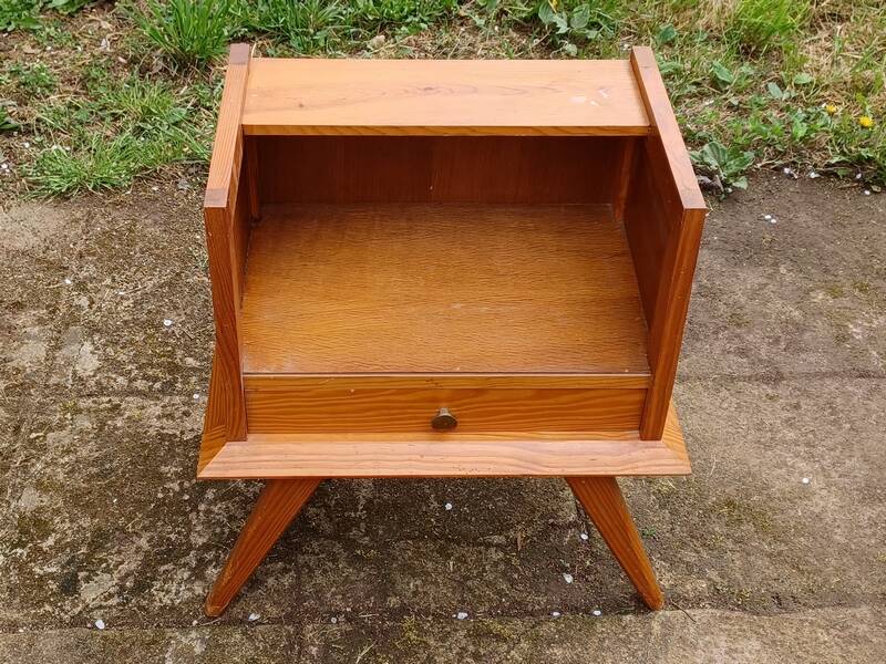 Solid pitch pine bedside table with vintage splayed legs.