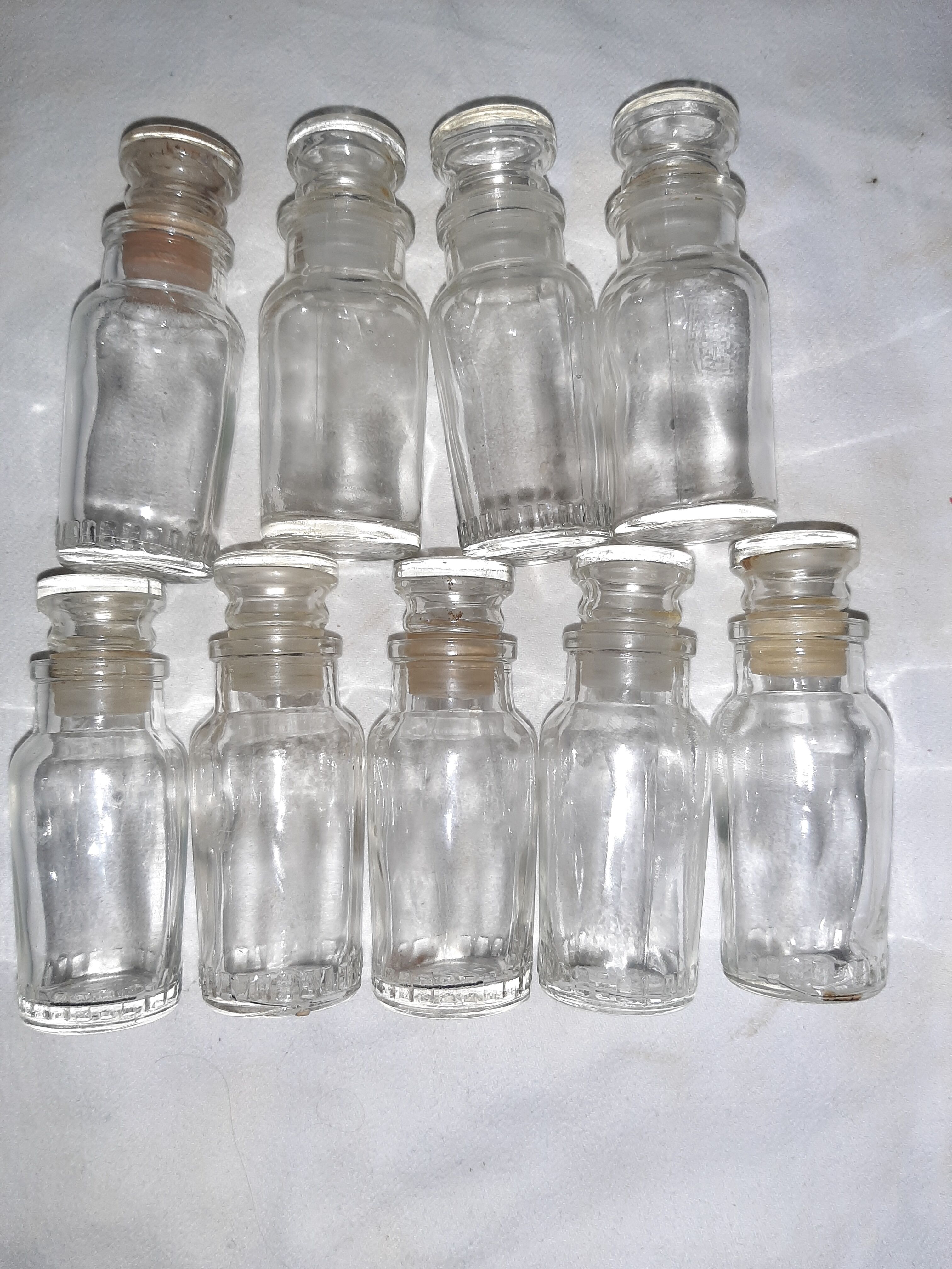 9 vintage thick glass spice bottles