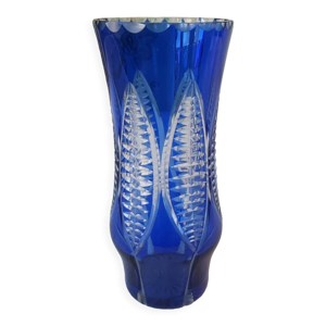 Vase vintage verre taillé bleu