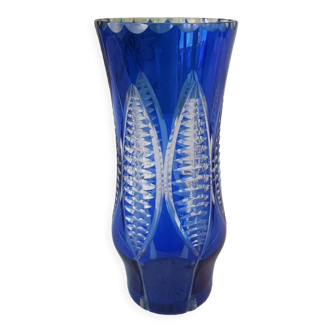 Vase vintage verre taillé bleu circa 1920