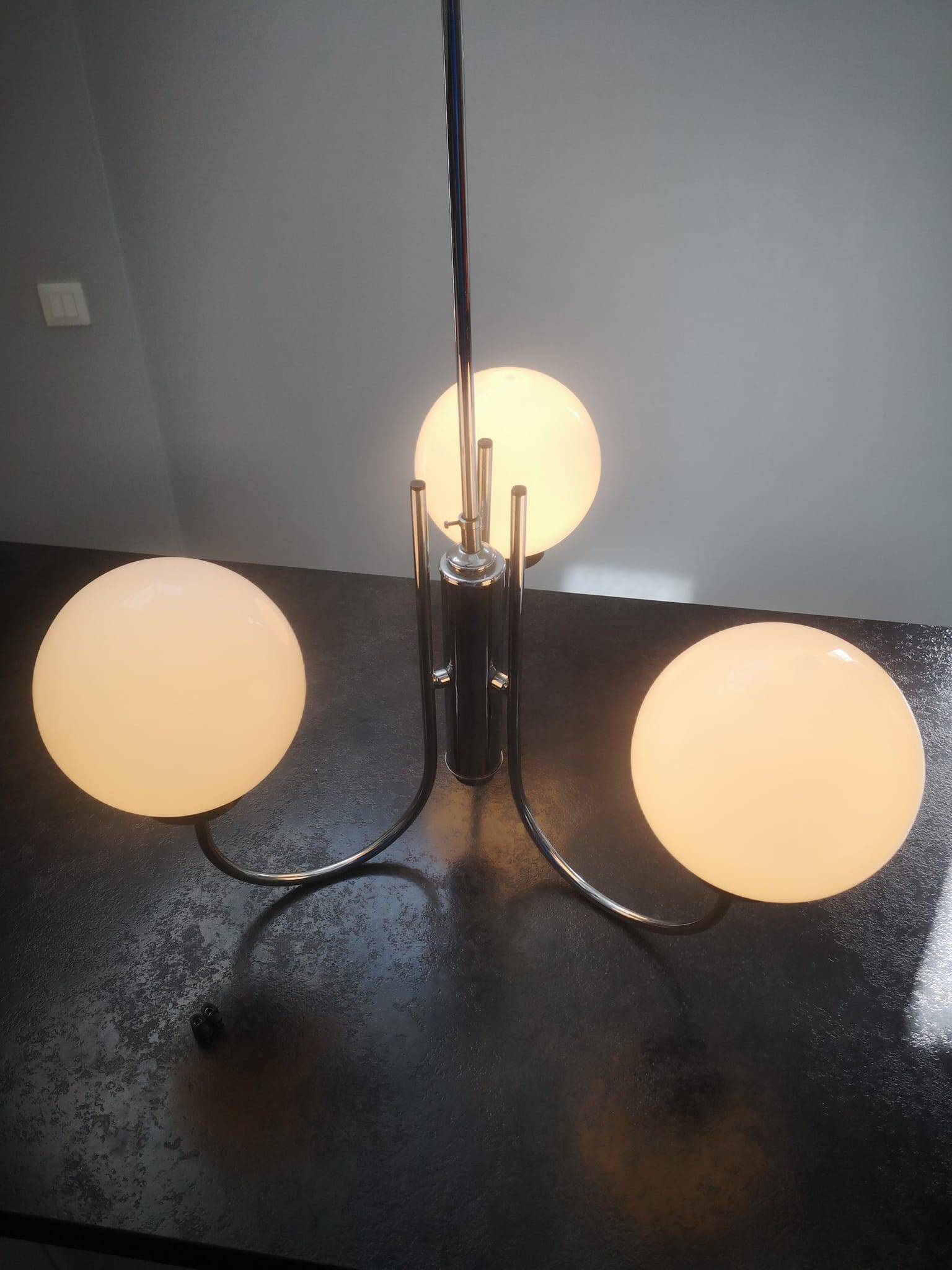 Old 3-light globe opaline stainless steel pendant/chandelier 1960/1970 space age vintage