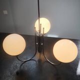 Old 3-light globe opaline stainless steel pendant/chandelier 1960/1970 space age vintage