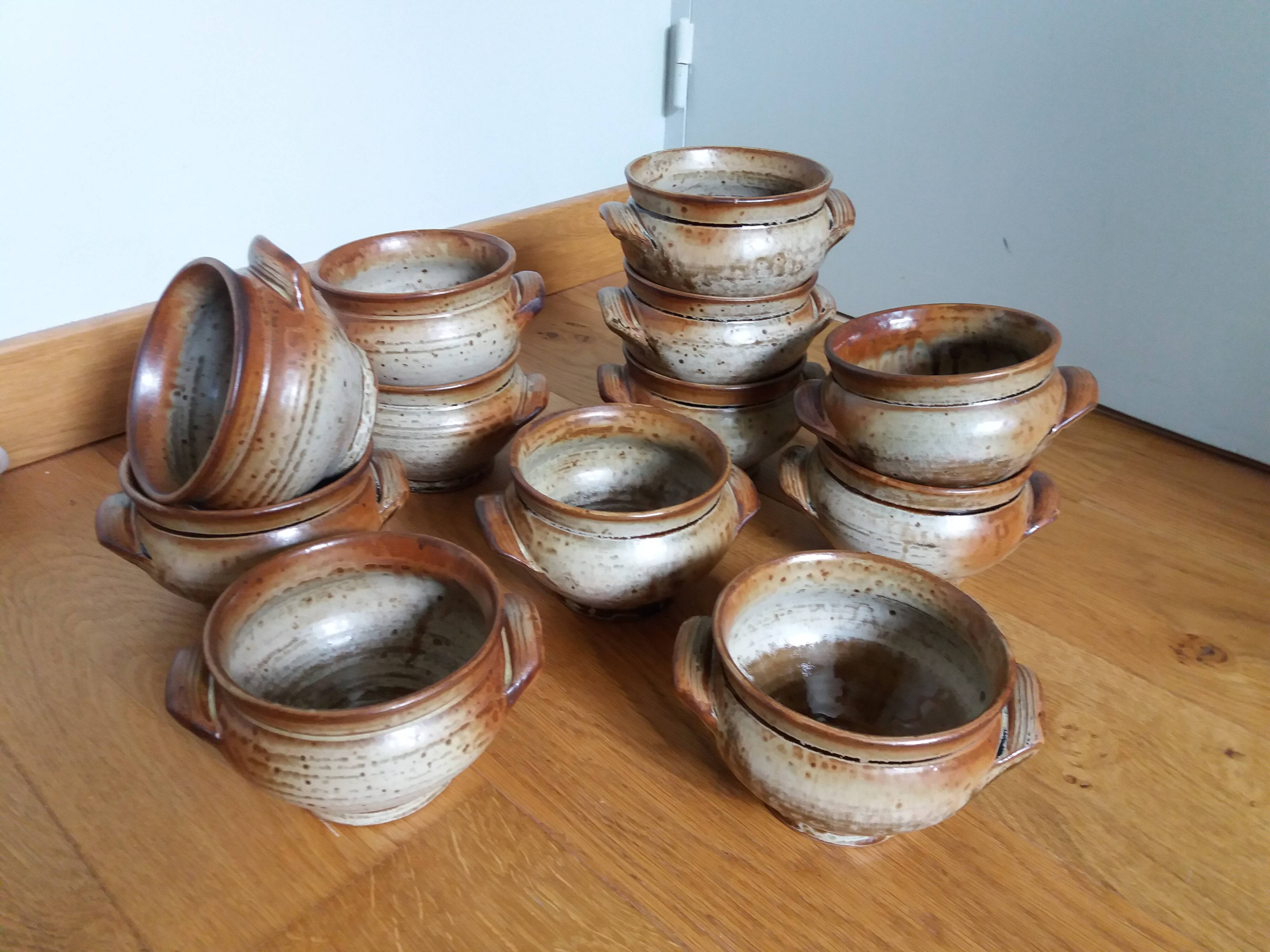 Soup bowls and cups in Puisaye stoneware by Jean-Pierre Prud'homme