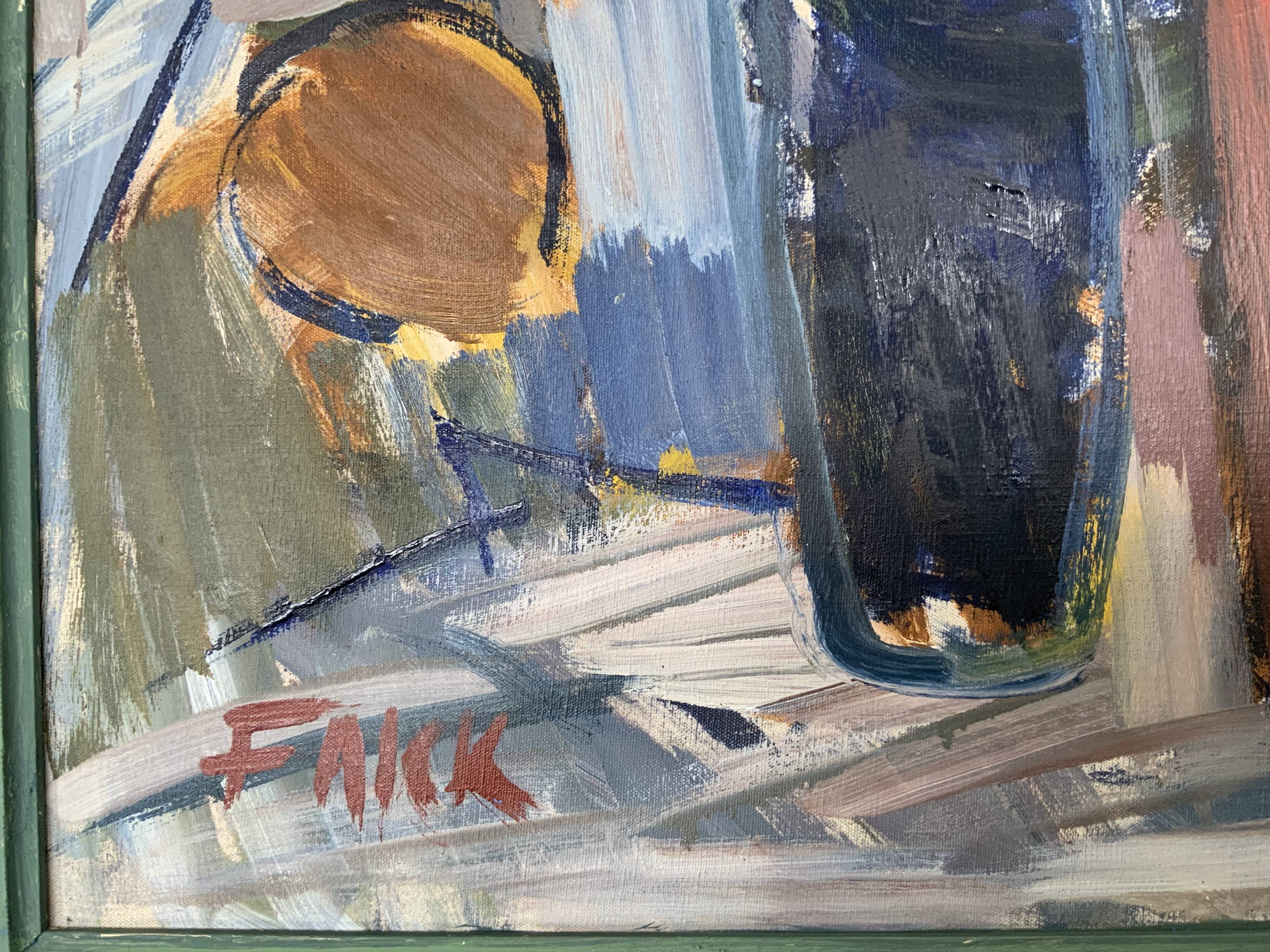 Vintage Modernists Oil Painting Still Life With Red Bottle, Signed Falck