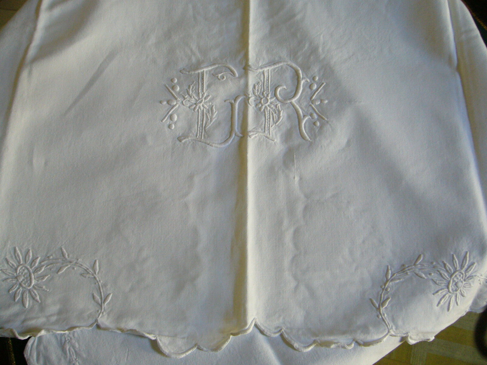Ancient cotton sheet embroidered with flowers and initials