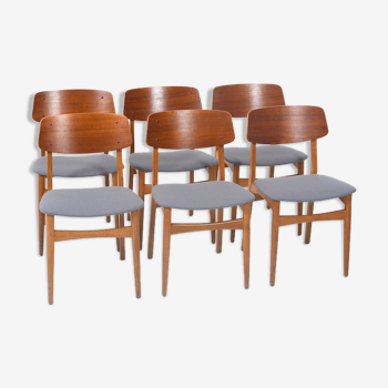 Set of 6 mid century Danish dining chairs in teak and oak