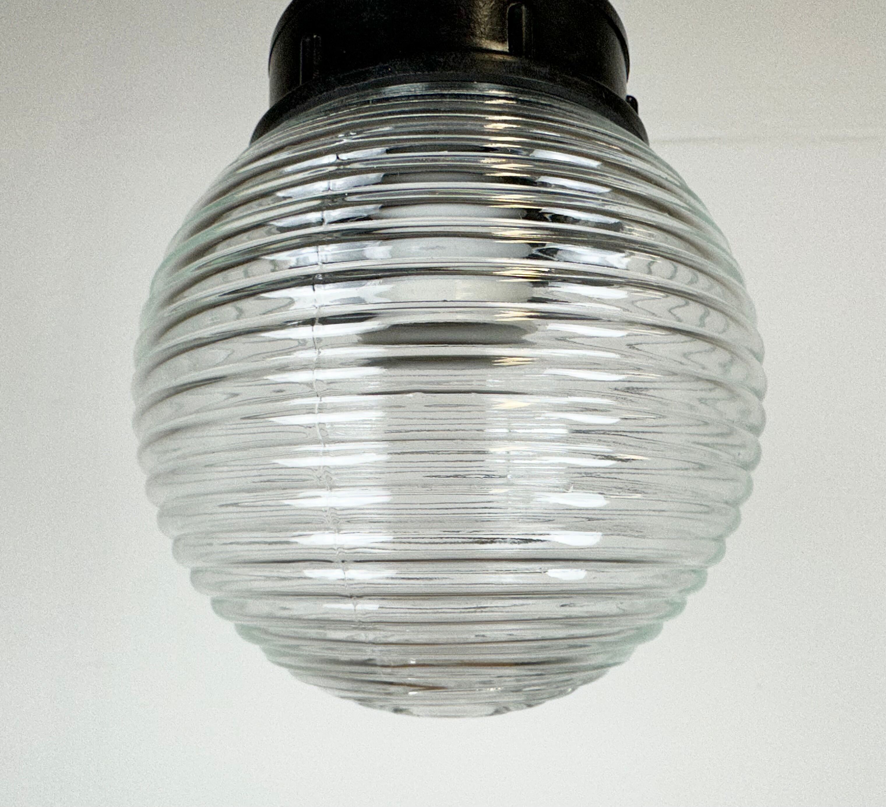 Industrial bakelite pendant light with ribbed glass, 1970s