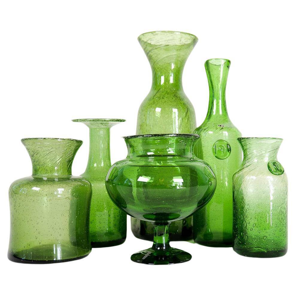 Mid-century modern collection of six green vases by Erik Hoglund, Sweden, 1960s.